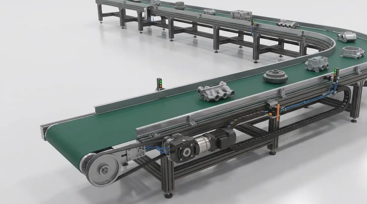 Green-belt conveyor running in a long loop, carrying cast aluminium parts and gear sets past sensor gates to a gear motor at the drive end
