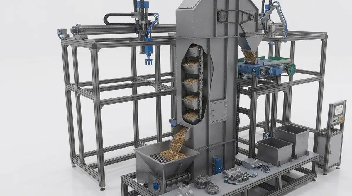 Bucket elevator lifting granular material up an enclosed steel column and discharging it into a hopper, with a feed conveyor and control panel alongside