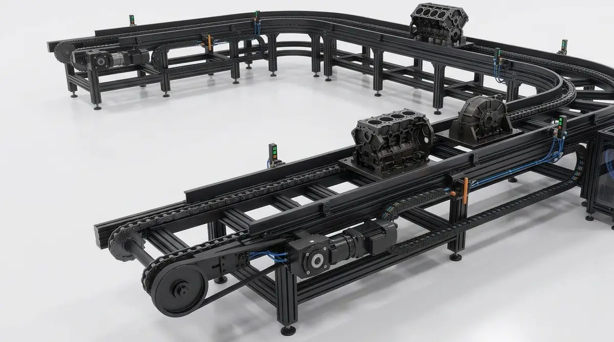 Heavy-duty twin-strand chain conveyor in black, carrying engine blocks on carrier plates around a long rectangular loop past a control pillar