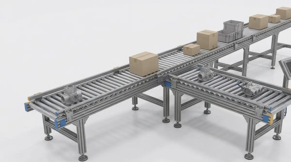 Unpowered gravity roller conveyor arranged as a T-junction, holding cartons, a tote and machined valve bodies, with an HMI at the merge point