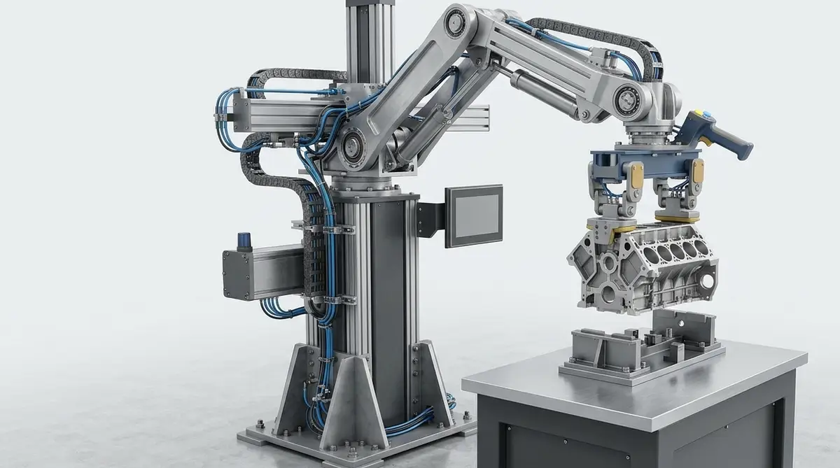 Column-mounted pneumatic manipulator with a vacuum-and-clamp end effector, lowering an engine block onto a locating fixture on a work table