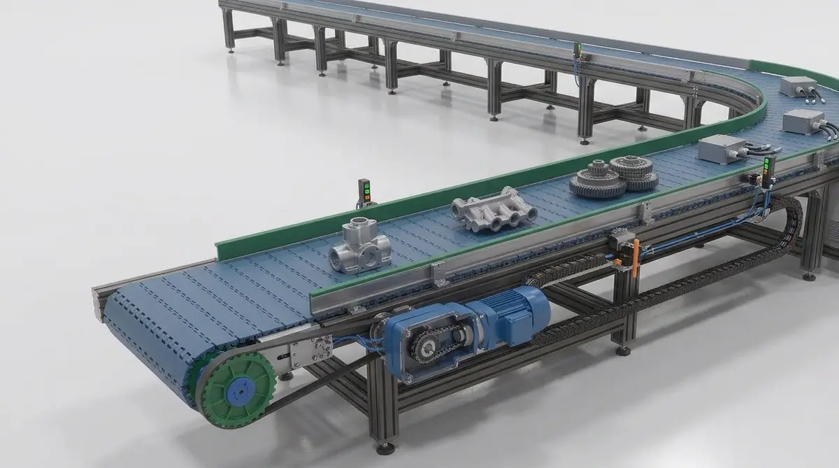 Modular plastic-belt conveyor curving through 180 degrees with green edge guides, carrying valve bodies and gear stacks over a blue gear motor