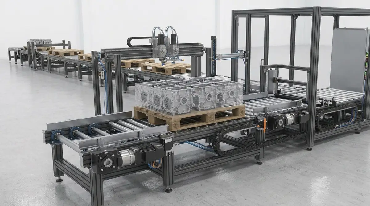 Motorised pallet conveyor line carrying loaded wooden pallets of castings through a gantry stacking station into a guarded transfer cell