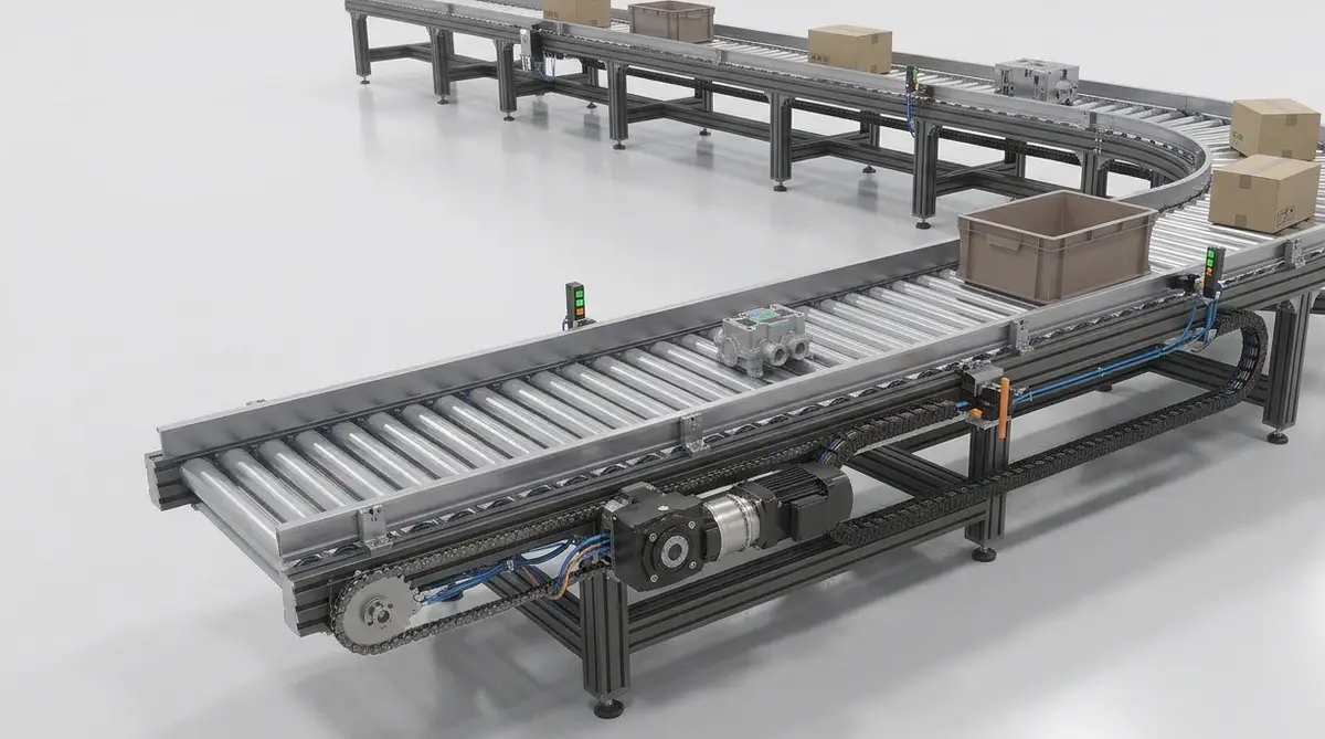 Powered roller conveyor loop moving cartons and plastic totes around a curve, with photoelectric sensors and a chain-driven gear motor
