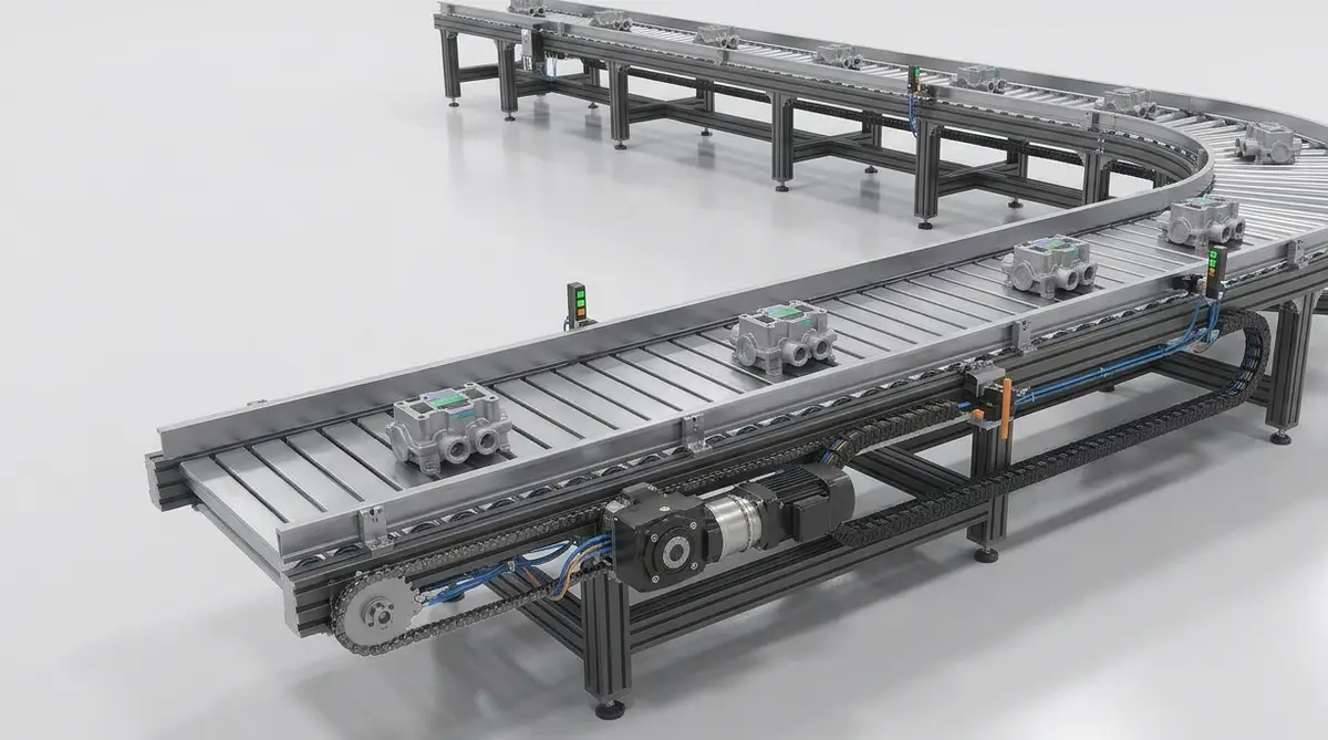 Curved stainless slat conveyor carrying machined housings around a 180-degree bend, driven by a chain and gear motor at the head end