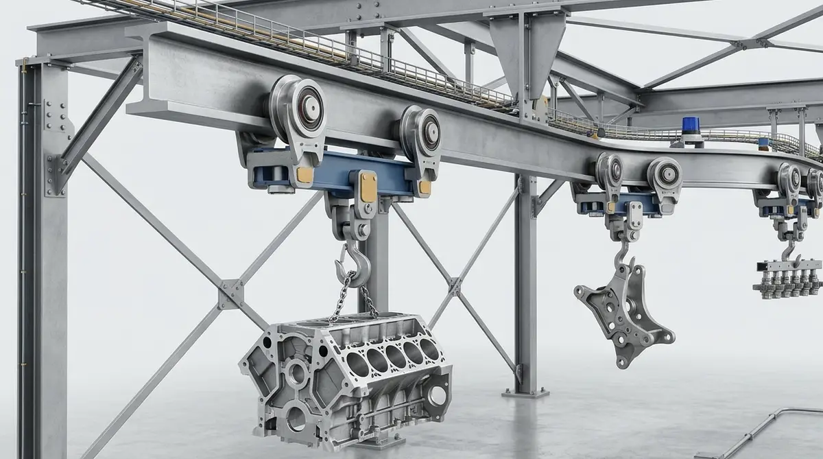 Overhead trolley conveyor running on an I-beam track, carrying engine blocks and suspension castings on hooks through the roof structure