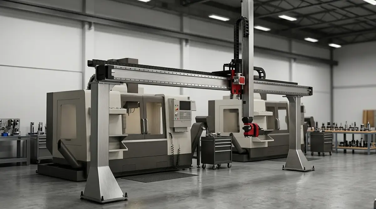 Cartesian gantry spanning two vertical machining centres on the shop floor, its vertical axis carrying a gripper between the two machine tables