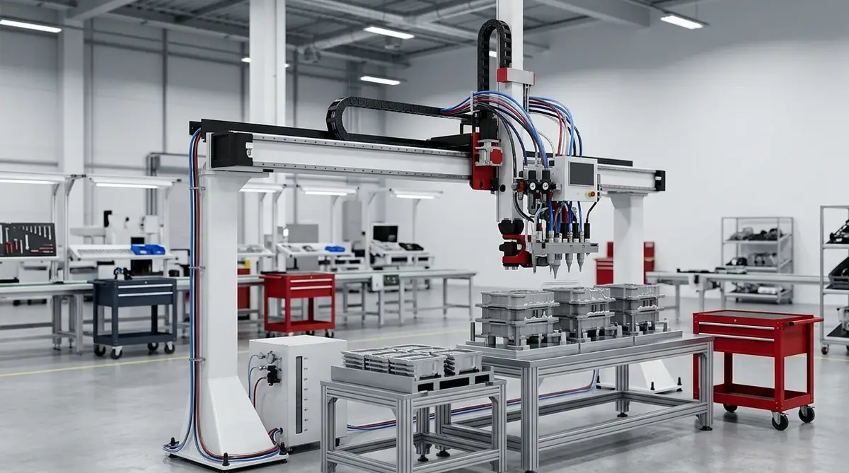 Gantry-mounted dispensing head applying adhesive to a row of cast housings held on a fixture bench, fed from a metering unit at the column base