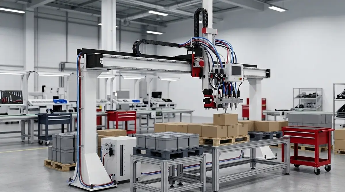 White gantry robot palletizing cartons and stacking plastic totes onto pallets in a bright assembly hall