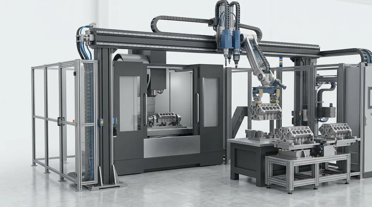 Robotic machine-tending cell: a six-axis arm on a gantry rail loading an engine block into a vertical machining centre, with staged fixtures alongside