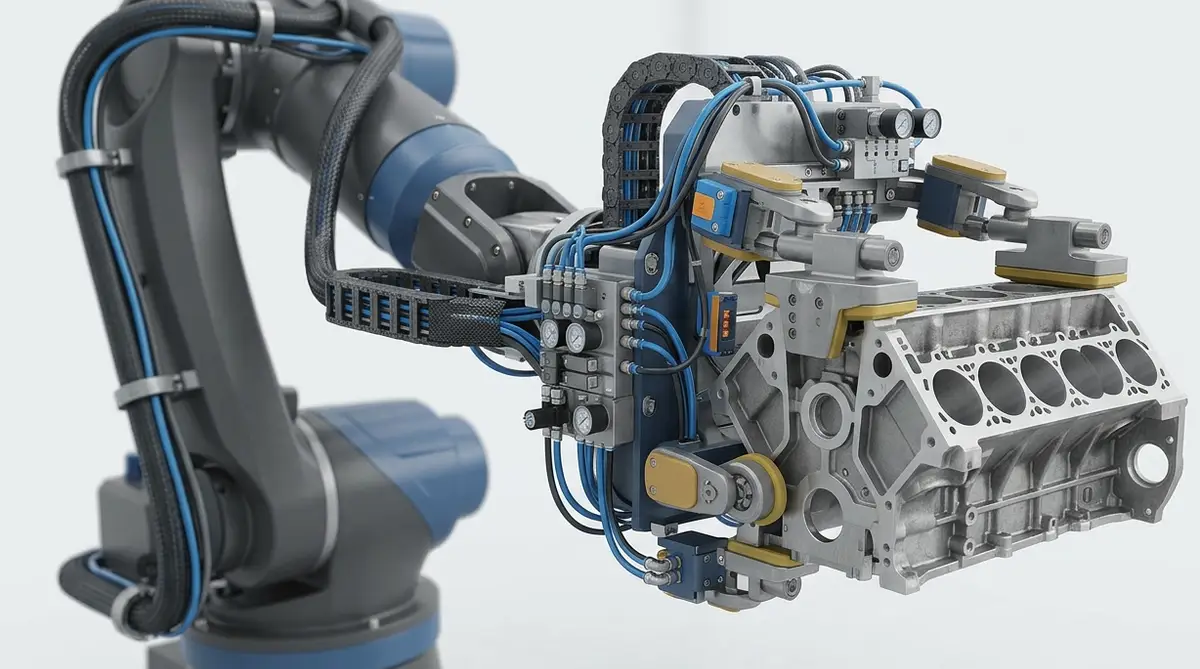 Close-up of a custom end-of-arm tool on a six-axis robot: pneumatic clamps and vacuum pads gripping an engine block, with valves and cable carrier on the wrist