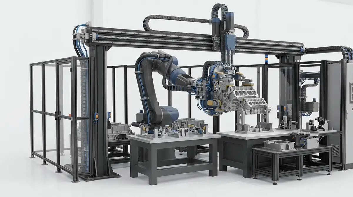 Combined gantry and six-axis robot cell handling an engine block between two fixture tables inside a guarded enclosure