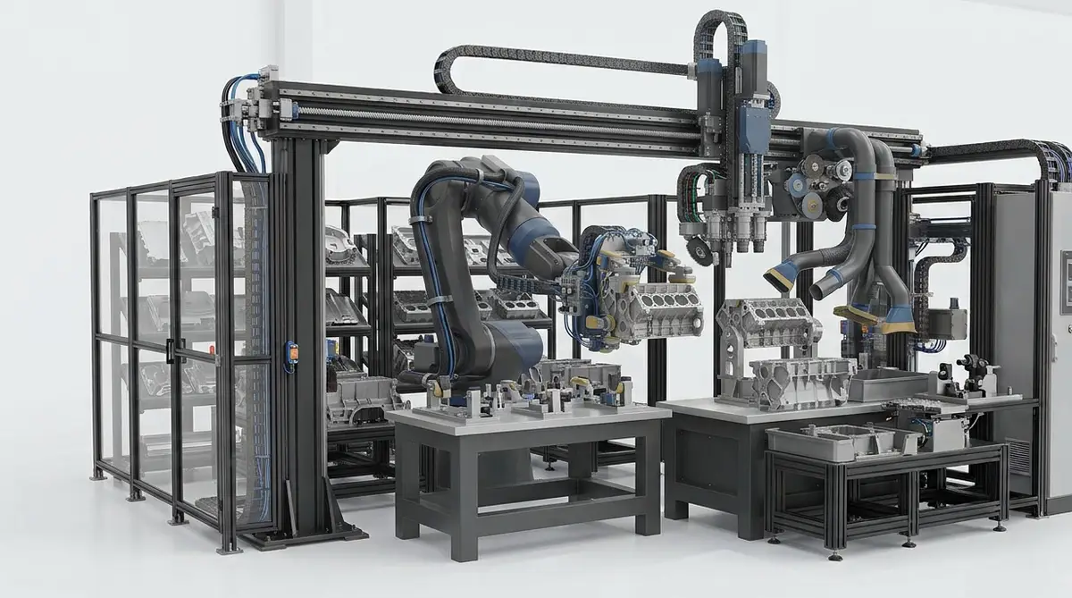Deburring cell where a six-axis robot presents an engine block to a gantry-mounted spindle head, with extraction ducting and racks of raw castings behind