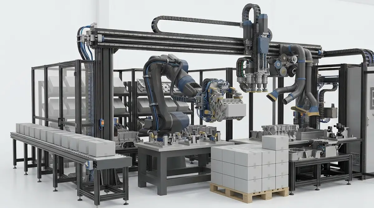Robot cell palletizing cartons onto a wooden pallet while a gantry unit feeds castings in from a rack, with an outfeed conveyor of stacked boxes