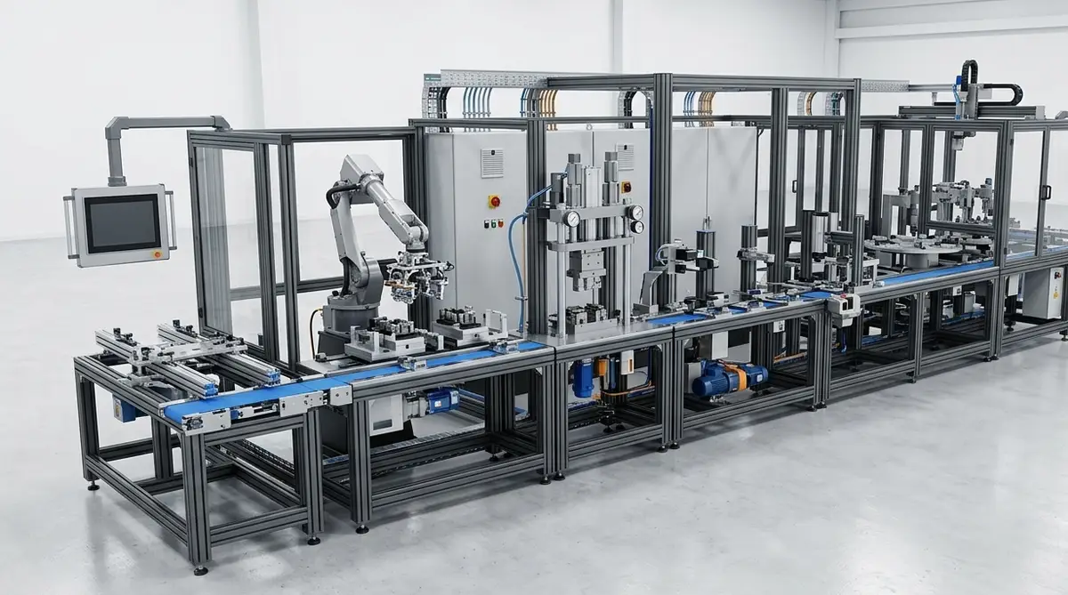 Multi-station assembly line built on an aluminium profile frame, chaining a robot cell, a press station and an indexing table along a blue belt conveyor, with HMI panels at each end