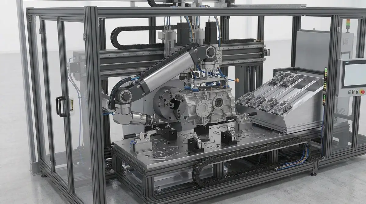 Automatic part loader inside a guarded cell, transferring castings from a stepped feed magazine into the machine fixture with a balancer arm