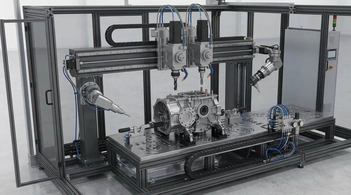 Twin-spindle drilling and tapping head on a gantry, working into a cast housing clamped to the fixture bed inside a guarded cell