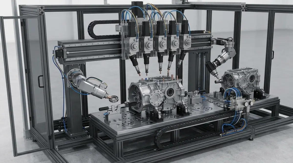 Machining and assembly fixture plate holding two gearbox housings on precision clamps, served by a gantry spindle bank and two articulated arms