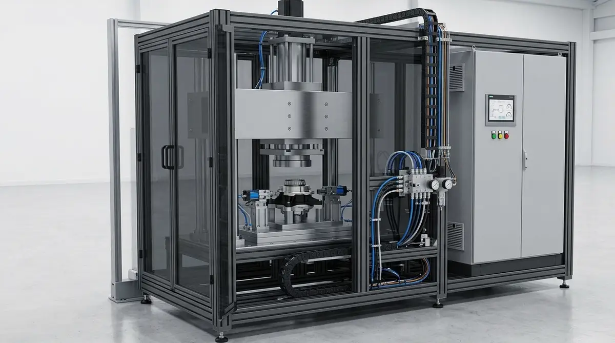 Guarded hydraulic press with a ram lowering onto a component held in a locating fixture, alongside its control cabinet and HMI