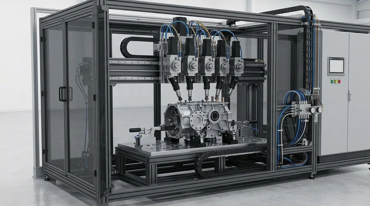 Five servo-driven nutrunner spindles on a gantry beam, tightening a gearbox housing clamped to the fixture plate below