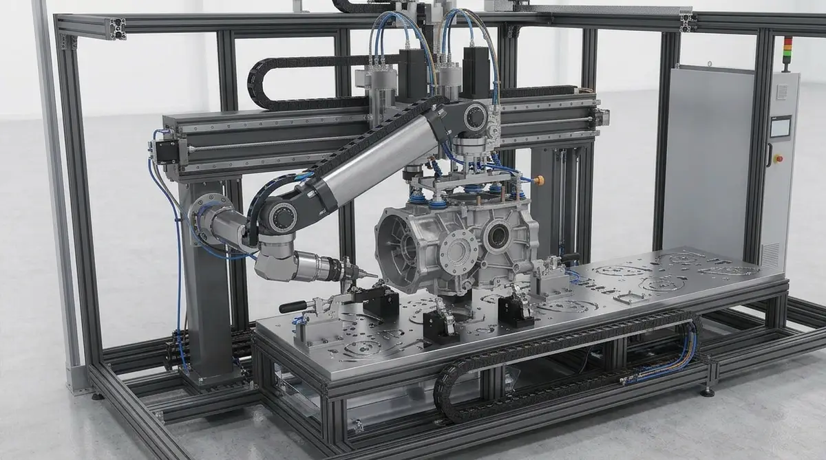 Zero-gravity balancer arm carrying a gearbox housing on a vacuum end effector, letting one operator position a heavy part onto the fixture plate