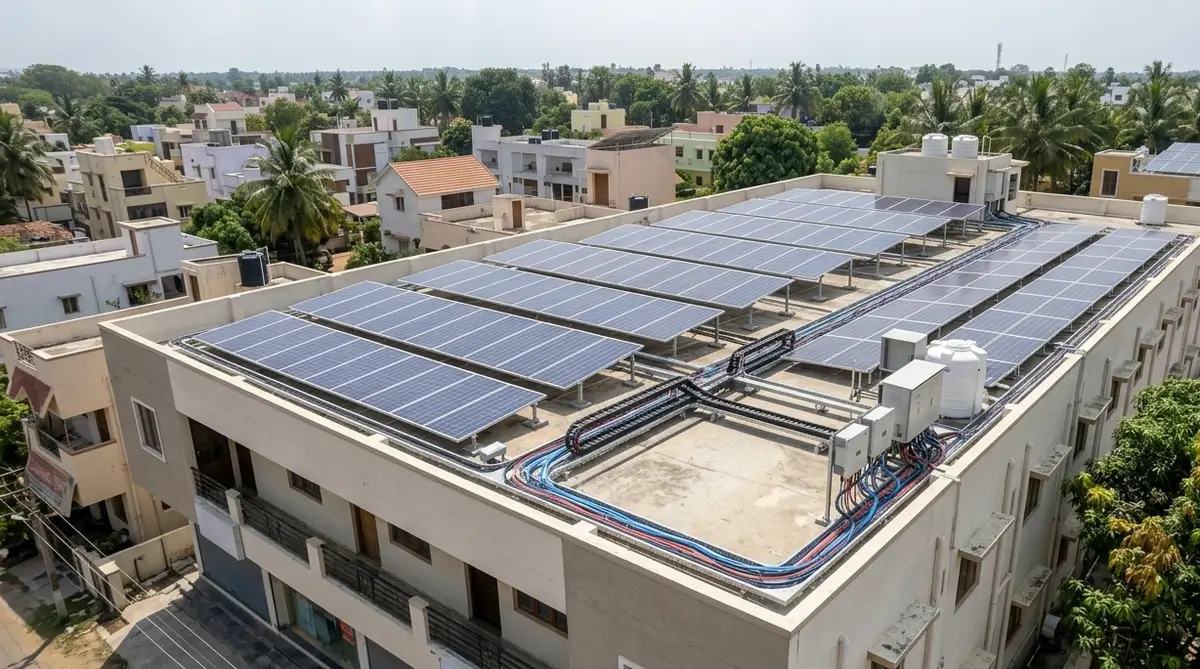 Rows of solar panels covering the flat roof of a three-storey commercial building, with cable trays running back to the roof-mounted inverters