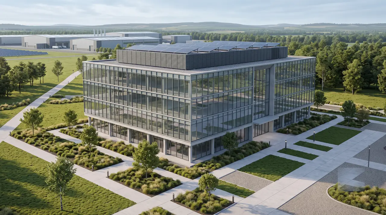 A commercial building with rooftop solar panels