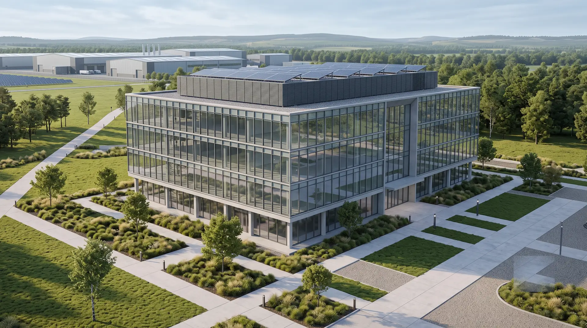 A commercial building with rooftop solar panels