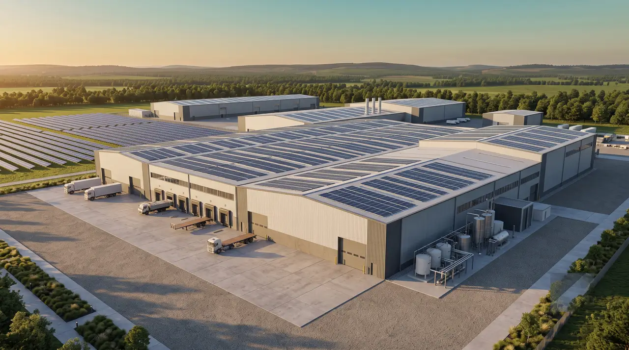 An industrial site with a large-scale rooftop solar installation