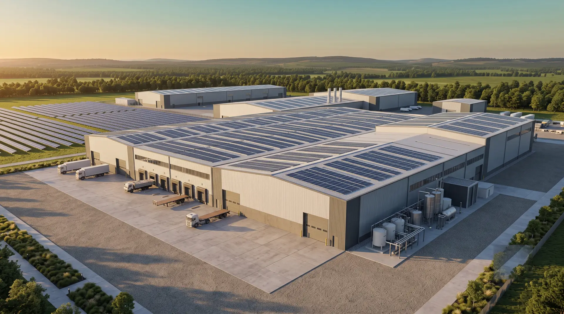 An industrial site with a large-scale rooftop solar installation