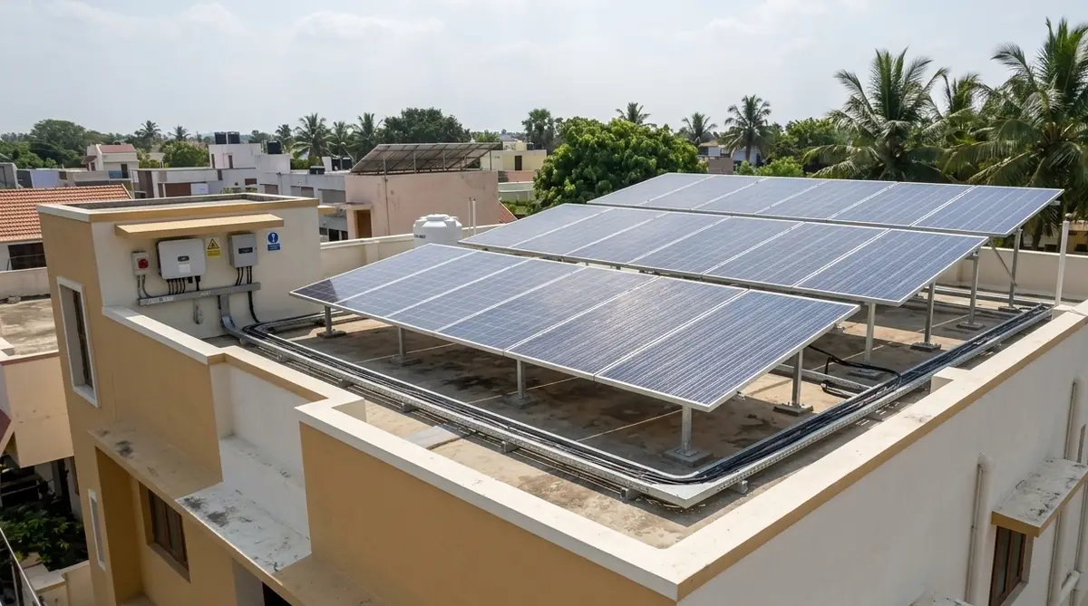 Rooftop solar array on a Tamil Nadu home, mounted clear of the parapet on galvanised frames, with the inverter and distribution boxes wall-mounted alongside