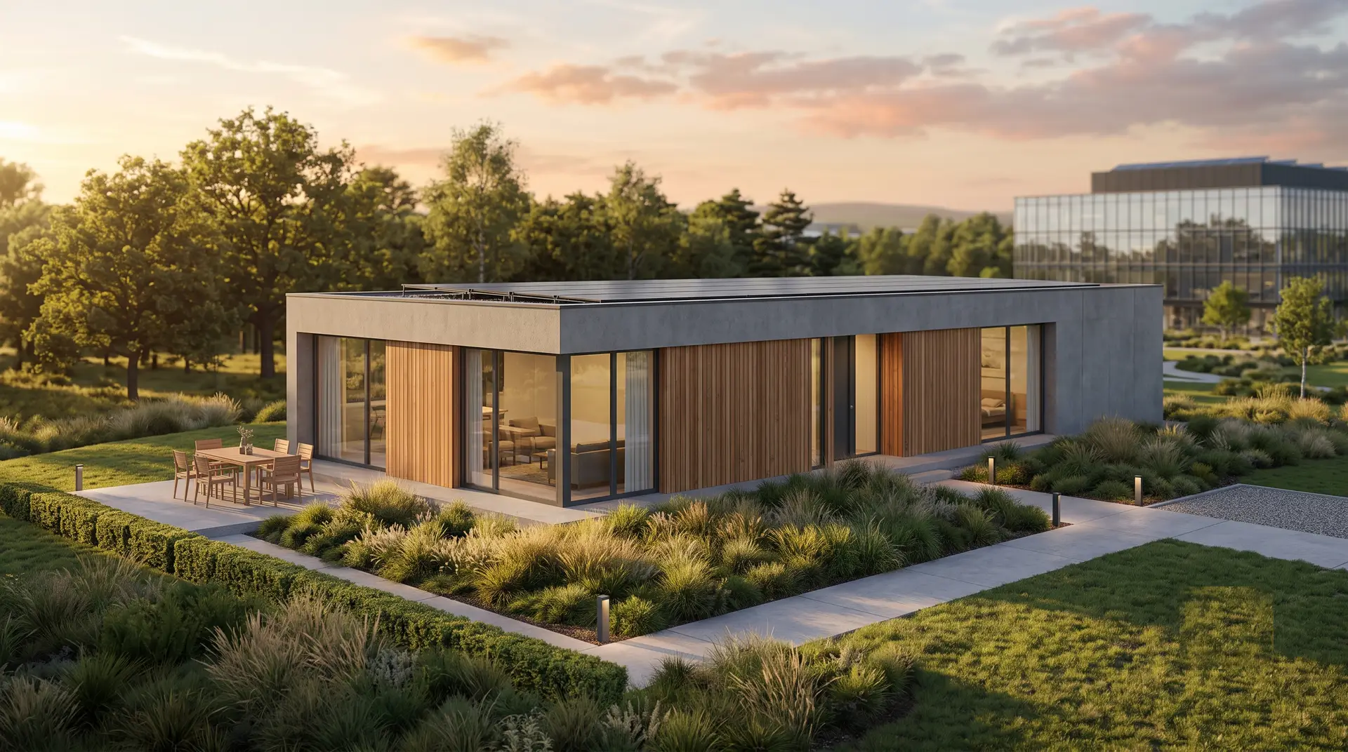 A modern home with rooftop solar panels